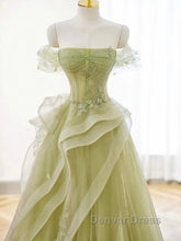 A-Line Off Shoulder Green Lace Long Prom Dresses, Green Formal Dresses